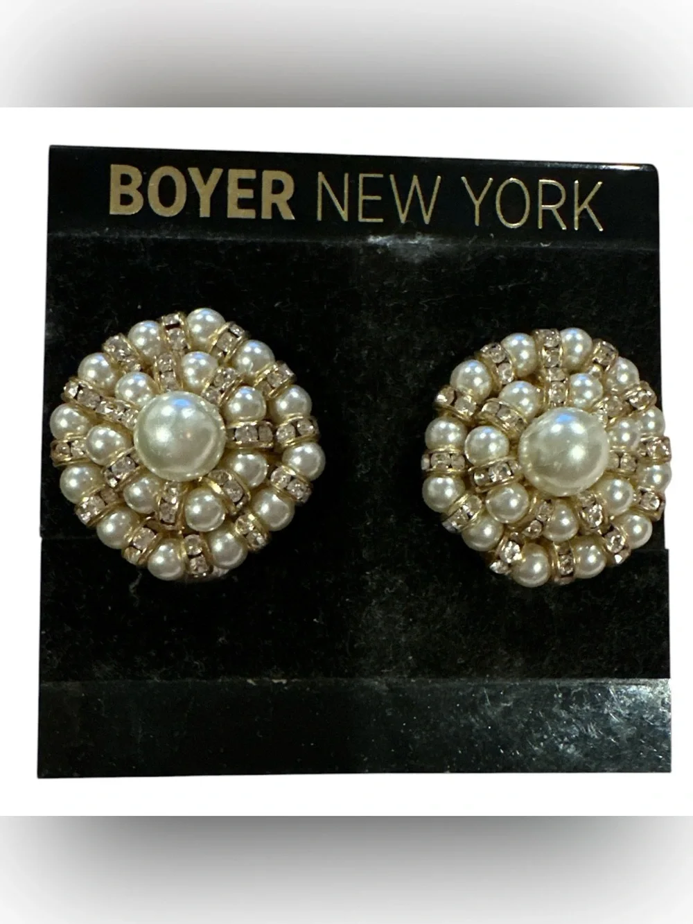 BOYER NEW YORK CLIP ON ELEGANT BLING PEARL GOLDTONE EARRINGS
